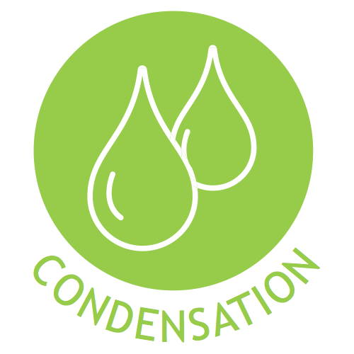 A green circle with two white icons of tear drops in them. The word "CONDENSATION" written below the circle in green.