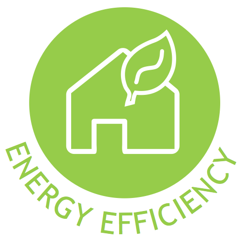 A green circle with a white icon of a house with a leaf on it. The word "ENERGY EFFICIENCY" written below the circle in green.