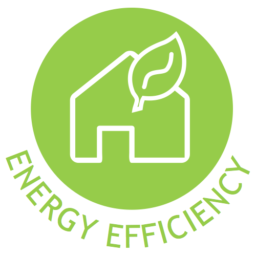 A green circle with a white icon of a house with a leaf on it. The word "ENERGY EFFICIENCY" written below the circle in green.