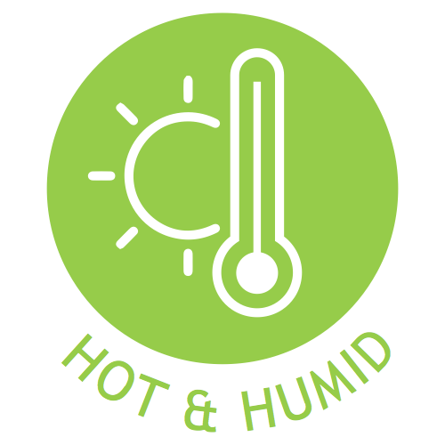 A green circle with a white icon of a thermometer and a sun. The word "HOT & COLD" written below the circle in green.