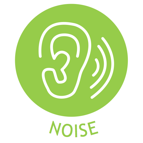 A green circle with a white icon of an ear with sound. The word "NOISE" written below the circle in green.