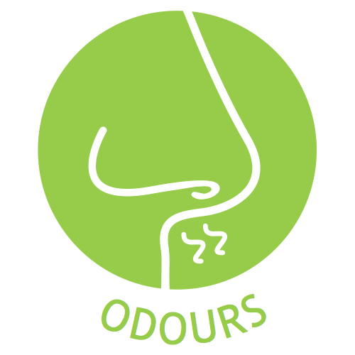 A green circle with a white icon of a nose. The word "ODOURS" written below the circle in green.