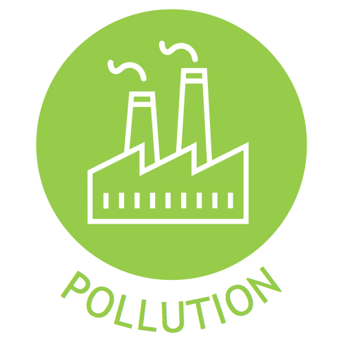 A green circle with a white icon of a factory in it. The word "POLLUTION" written below the circle in green.