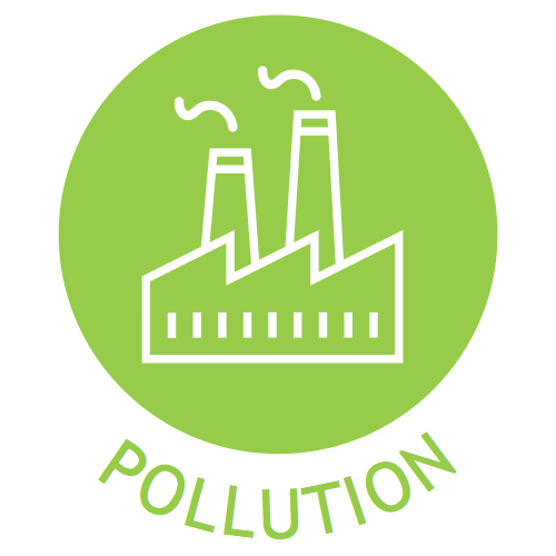 A green circle with a white icon of a factory in it. The word "POLLUTION" written below the circle in green.