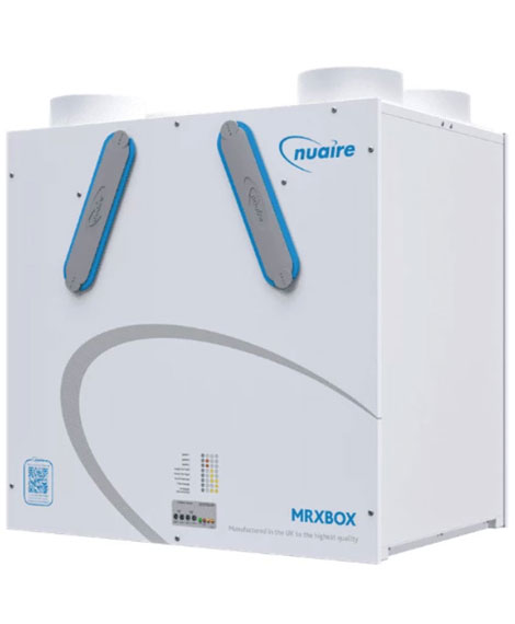 A white ventilation unit with the brand name "nuaire" and text on the bottom saying "MRXBOX".