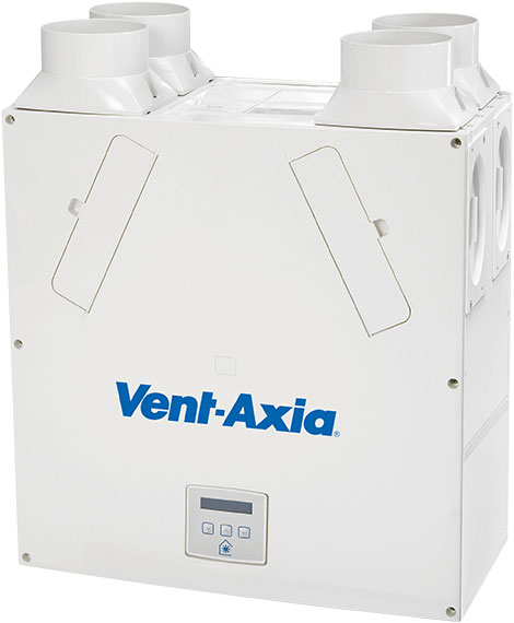 A white ventilation unit with a digital display. The brand name “Vent-Axia” printed on it.