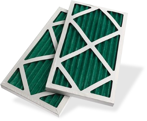 Two green air filters stacked on top of each other. The filters are rectangular with a metal frame and a pleated design. They are sitting on a white background.