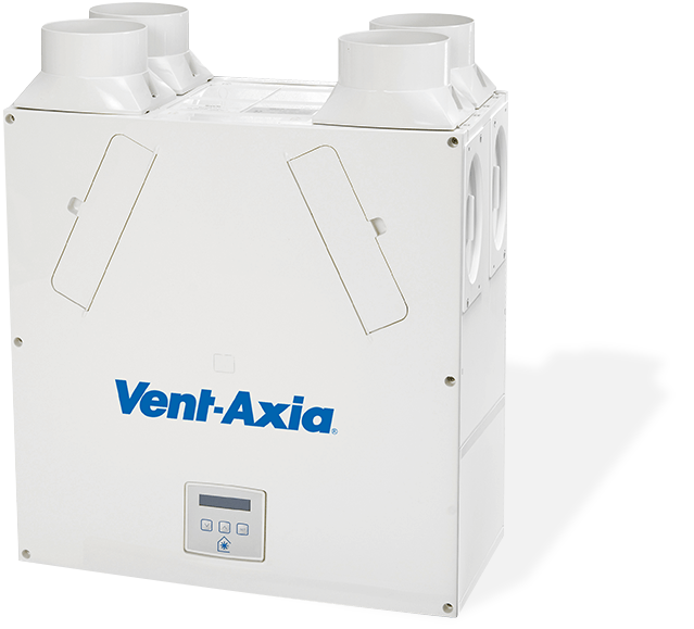 A white ventilation unit with a digital display. The brand name “Vent-Axia” printed on it.