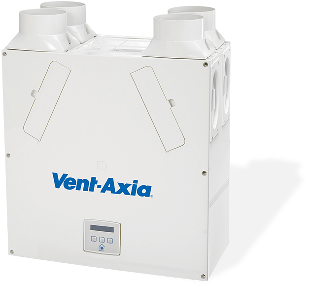 A white ventilation unit with a digital display. The brand name “Vent-Axia” printed on it.