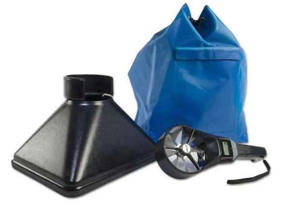 A blue bag sits on a white background with a black pyramid-shaped anemometer kit.