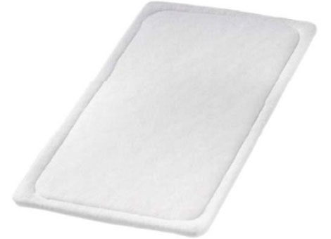 An image of a rectangular white airflow filter on a white background.