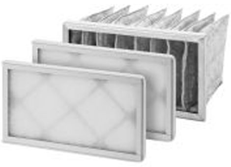 A set of three air filters sitting next to each other on a white background. The filters have a pleated design and a plastic frame.