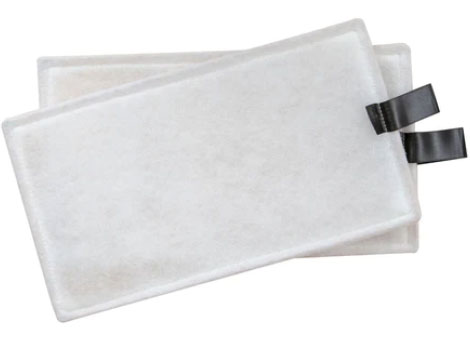 A pack of two rectangular white airflow filters with black labels on them on a white background.